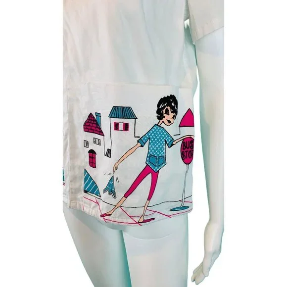 Vintage 60s Novelty Blouse Womens Small Printed Dream Pockets Girl Shirts - Picture 5 of 10